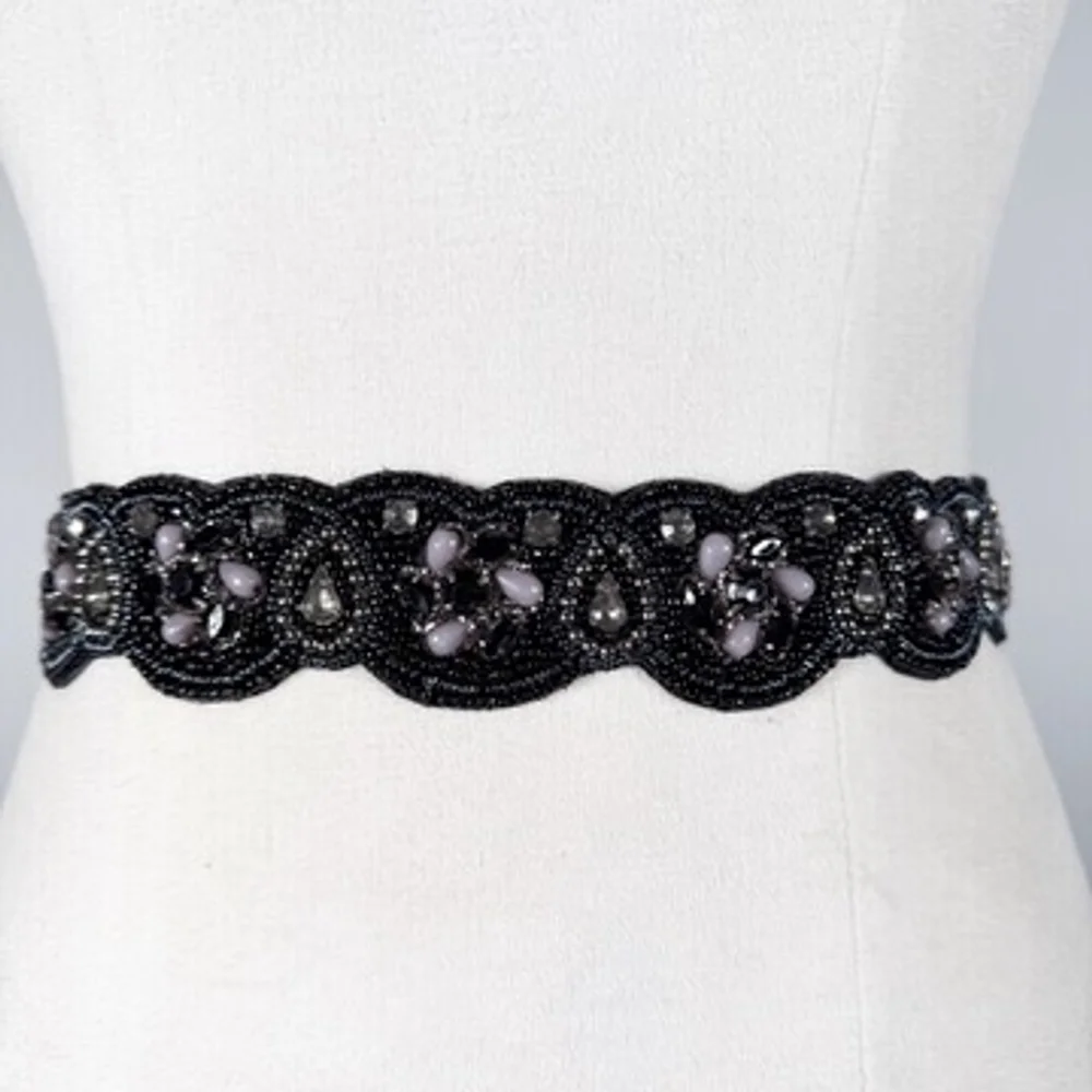Stunning Special Occasion Statement Waist Belt Black Blue Beaded Stretch Size S